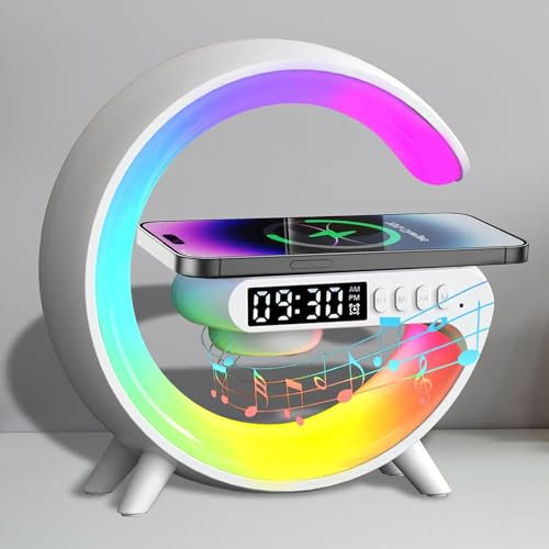 Generic Wireless Charger Table Lamp Bluetooth Speaker Music Alarm Clock Key and App Control, 10 Light Color Modes, Sunrise Wake-up Alarm Clock for Bedroom, Living Room, Home and Office
