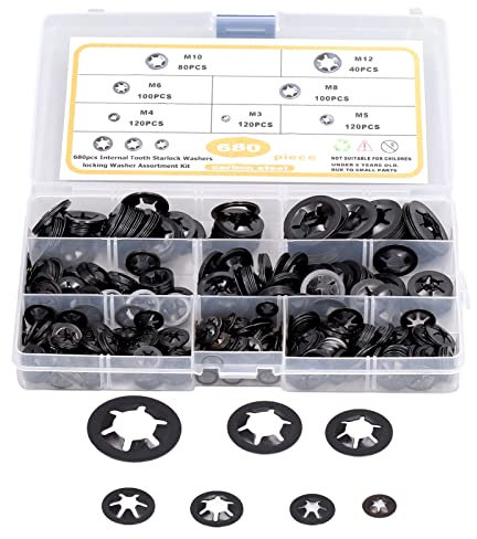 680-teilige -Unterlegscheiben, Zahnstern-Sicherungsscheiben in Mehreren Größen, Kohlenstoffstahl-Sperr-Innenzahn-Sortimentssatz M3-M12 für Mechanische Geräte