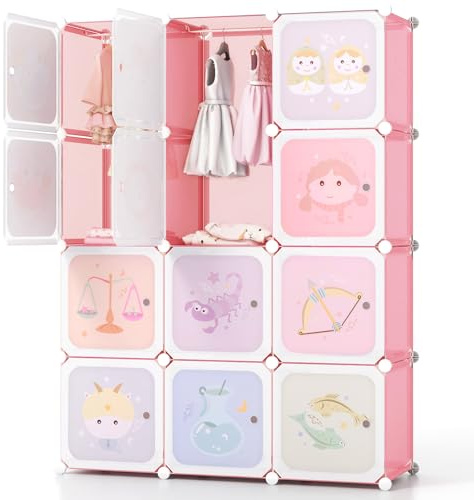 GYMAX Cartoon Clothes Closet, Portable Kids Wardrobe | with Hanging Section, 12 Cubes Children Storage Unit for Bedroom Nursery (Light Pink, 109 x 37 x 145cm)