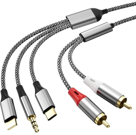 3-in-1 RCA-Audiokabel, verwendet für Lig-htn-ing zu RCA-Kabeladapter, USB C zu 2 R-CA-Kabel, 3.5mm AUX-Audiokabel, verwendet für Leistungsverstärker, Auto, Heimkino, Lautsprecher, TV(1.3M)