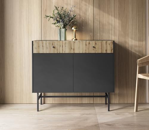 4ALL HOME Kommode VIO 104,4/155 cm - Kommode mit Schubladen - 2/3 Türen - 2/3 Schubladen - Sideboard - Schrank - Bestellschrank - Aufbewahrungsschrank - Kommodenschrank (Schwarz + Lamellen, 104,4 cm)