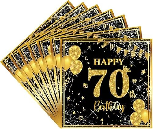 Servietten zum 70. Geburtstag, 40 Stück, Schwarz / Gold, Happy Birthday, Papierservietten, Partyzubehör, Papierservietten