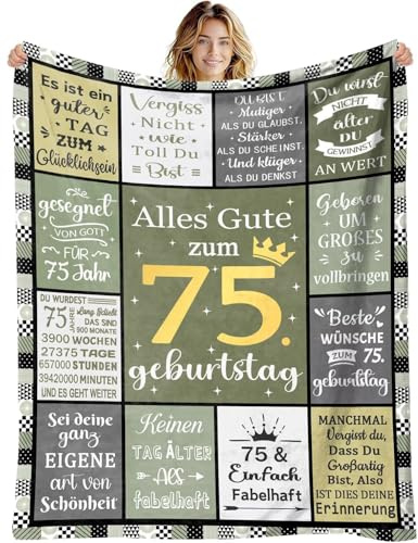 Decke 75 Geburtstag Frauen Männer, Kuscheldecke zum 75. Geburtstag Frau Mann Deko Salbeigrüne, Alles Gute zum Deko 75 Jahr Geburtstag Geschenk Flanelldecke für Mutter Oma Schwester Ehefrau Party