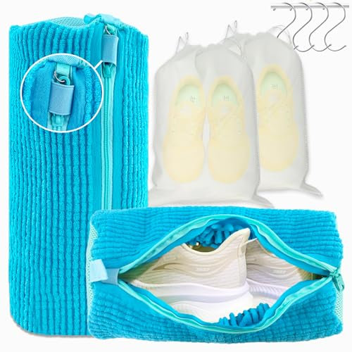 XXL Schuhwaschbeutel Waschmaschine - 2er-Pack Wiederverwendbarer Waschbeutel Schuhe, 360° Rundum-Reinigung für Sneakers, Turnschuhe, Kinderschuhe, Enthält 2 Staubdicht, 4 S-Haken (Blau)
