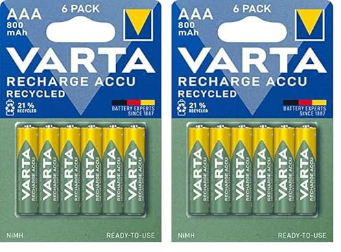 VARTA Piles AAA, Rechargeables, Lot de 12, Recharge Accu Recycled, 800 mAh Ni-Mh, fabriquées avec 21% de matériaux recyclés, préchargées, prêtes à l'emploi