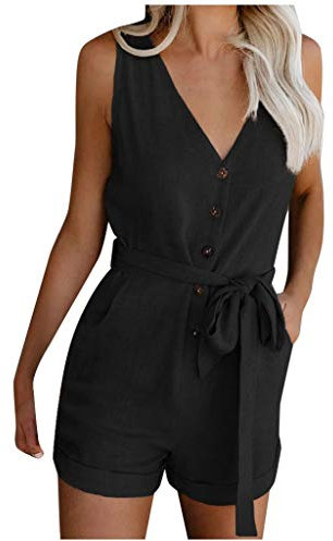 Salopette Donna Estiva Corta - Tutina Donna Elegante Scollo A V Senza Maniche Larghi Jumpsuit Bottoni Cintura A Papillon Tinta Unita Gamba Larga Tuta Intera con Tasche