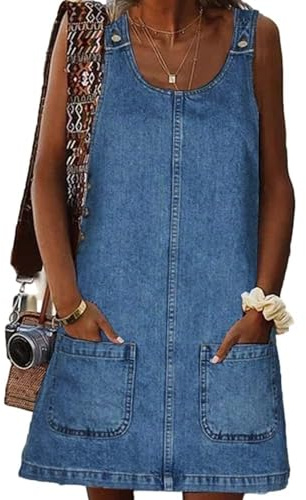 MINTLIMIT Women's Sleeveless Overall Denim Dress Crewneck 2025 Vintage Loose Casual Jean Dress with Pockets Dark Blue