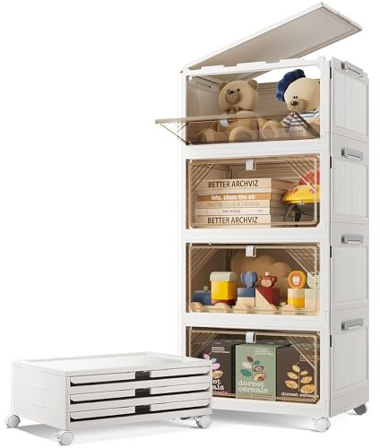 Cajas de almacenamiento apilables de 4 niveles de 20 litros con tapa, cajas de almacenamiento de plástico con puertas abatibles con ruedas, cajones de plástico plegables plegables para el hogar
