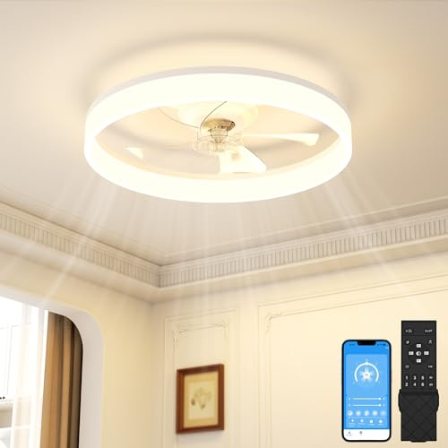 SUNKENET 50cm White Ceiling Fan with Light with Remote, Ceiling Fan Light | 6 Speeds Fan Lights Ceiling for Bedroom,Quiet Light Fan Ceiling,3000K-6500K Dimmable Smart Modern LED Ceiling Fan with Lights