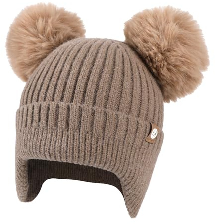 TAGVO Vintermössa för barn med öronskydd, dubbel pompon stickad mössa av ullblandning, varm och mjuk för pojkar och flickor 2–8 år, kaki, one size