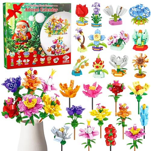 LINAYE Blumen Adventskalender 2026 für Mädchen – Weihnachtskalender mit 24 Blumen Bausteinen für Mädchen und Frauen, Weihnachts Countdown Kalender Flowers Advent Calendar Geschenk für Kinder
