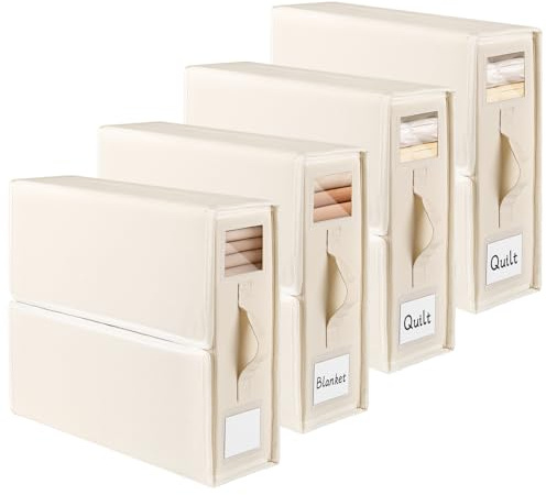 JAECU 4 Stück Aufbewahrung Bettwäsche Organizer, Faltbarer Aufbewahrungstasche für Bettlaken, Oxford-Stoff Aufbewahrungsbox Kann in Kleiderschrank, Unterbett und in Schubladen (Beige)