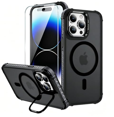 Gunroc Hülle für iPhone 14 Pro Max magnetisch Handy hülle mit Metall-Kameraständer & Metallknöpfen, kompatibel mit Mag Safe, stoßfeste Schutzhülle für iPhone 14 Pro Max (schwarz)