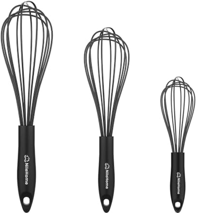 NileHome Silicone Whisk Set 8 10 12 Kitchen Whisk Kitchen Wisk Wire Whisks for Cooking, Whisking, Blending, Beating, Stirring-Black 3 Pack