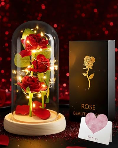 ViKKent Geschenke für Frauen Muttertagsgeschenke für Mama, Schöne und das Biest Roses, Ewige Rose im Glas mit LED-Licht, Galaxy Rose Blume Geschenk, Schöne Geschenke für Mama, Oma, Frauen, Geburtsta