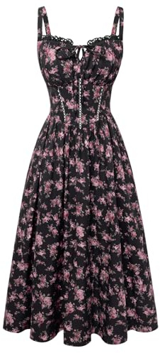 SCARLET DARKNESS Women Floral Corset Dress Summer Casual Milkmaid Sundress with Pockets Black Pink Floral XL