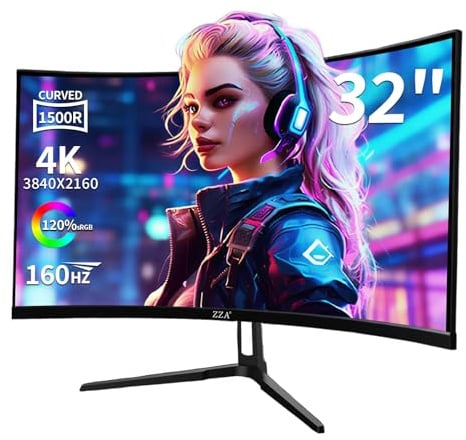 ZZA Monitor da gioco curvo da 32 pollici, display 4K UHD VA (3840 x 2160p) 1500R Monitor per computer 144Hz/160Hz, supporta AMD Freesync, 120% sRGB, HDR10 installazioni a parete (HDMI 2.1 x 2/DP 1.4