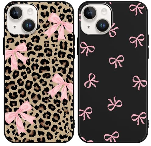 Xylota 2 Pièces Coque pour iPhone 14/iPhone 13 6,1,Aesthetic Léopard Noeud Papillon Rose Motif Étui Filles Case, Mince Silicone Souple TPU Bumper Antichoc Protection Housse Cover pour iPhone 14, Noir
