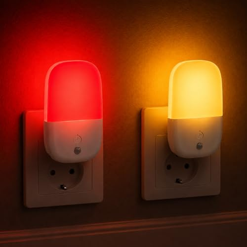 Teemora Luz Roja Nocturna Melatonina para Dormir Mejor Pack de 2 - Lámpara Bebé con Sensor de Oscuridad y Brillo Ajustable - Luz Nocturna Infantil Sin Flicker para lectura, descanso (Rojo/Amarillo)