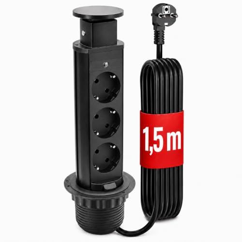 BRÜCKMANN Tower Power Tischsteckdosenleiste 3-Fach Schuko, Normale Steckdose, versenkbare Mehrfachsteckdose mit 2 m Kabel, komplett in Tischplatte versenkbar, Schwarz (3X Schuko Schwarz)