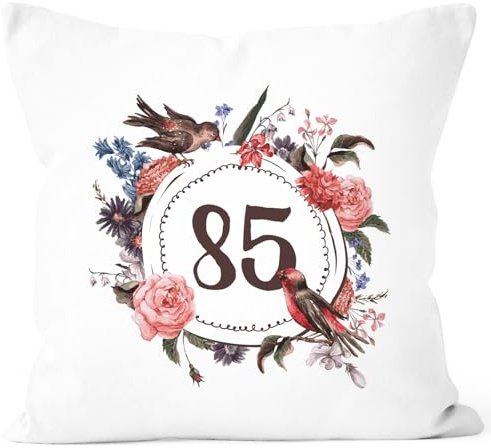 MoonWorks Kissen-Bezug Geburtstag 85 Geschenk-Kissen Blumen Blüten Blumenkranz Bordüre Kissen Weiss Unisize