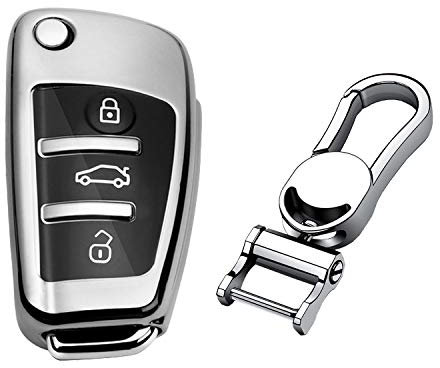M.JVisun Doux TPU Clef Coque Porte-clés pour Audi A1 A3 A4 A6 A8 Quattro Q2 Q3 Q7 R8 RS3 RS6 S3 S6 TT TTS Pliant Clé de Voiture - Brillant Argent - Métal Porte-clés