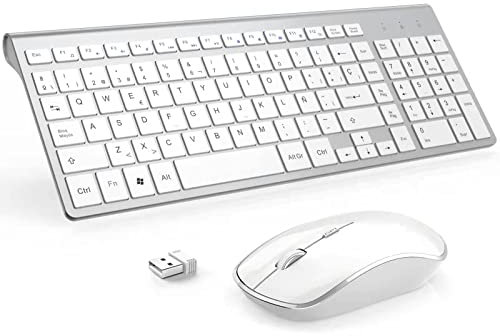 JOYACCESS Teclado y Ratón Inalámbricos y Compactos, Teclado Delgado y Silencio, Español QWERTY, 2400DPI para PC, Portátil, Smart TV,Windows-Blanco Plata