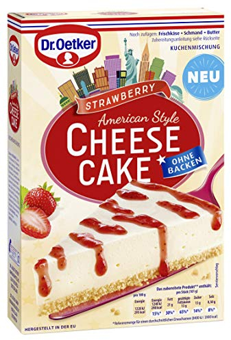 Dr. Oetker Cheesecake American Style Strawberry, 320 g, Backmischung mit gelingsicherer Zubereitung, mit fruchtiger Erdbeersoße, ohne Backen