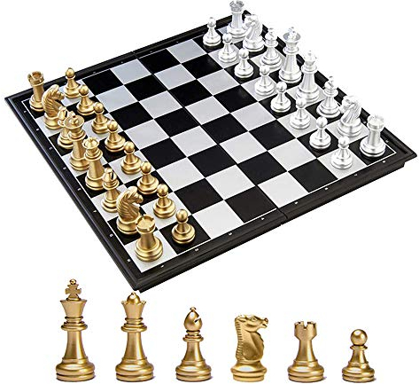 KOKOSUN Schachspiel Gold und Silber Schachfiguren, Magnetisch Faltbares Schachbrett Bequeme Aufbewahrung, Lernspielzeug/Geschenk für Kinder und Erwachsene (36×36cm)