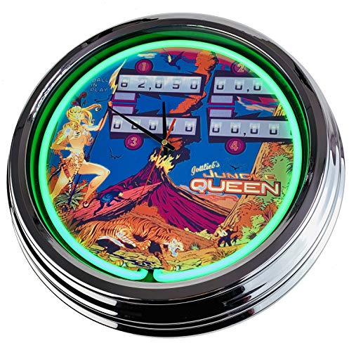 Neon Uhr Flipper Jungle Queen Gottlieb 1977 Wanduhr Deko-Uhr Leuchtuhr USA 50's Style Retro Neonuhr Esszimmer Küche Wohnzimmer Büro (Grün)