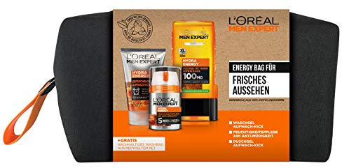 L'Oréal Men Expert Hydra Energy Gift Set for Men with Free Sustainable Toiletry Bag, Facial Cleansing, Moisturiser and Shower Gel for Body, Hair and Face, 1 x 710g