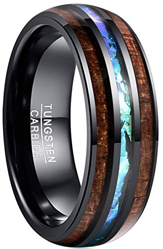 Vakki Unisex 8mm Schwarz Ringe Wolfram Eheringe Ringe mit Holz und Imitiert Opal Komfort Fit Größe 63.4(20.2)