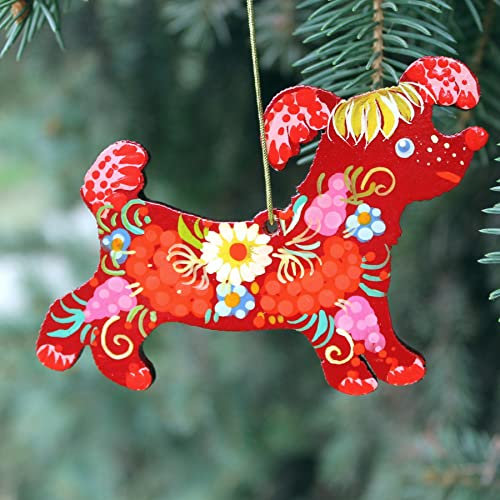 Hund-Christbaumschmuck aus Holz Handbemalt nach Ukrainischer Tradition Petrykiwka Kunsthandwerk Origineller Weihnachtsschmuck von Hand bemalt