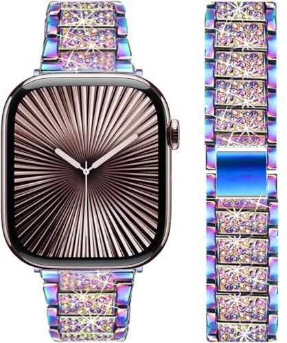 DEALELE Strap Compatible with Apple Watch 42mm 41mm 40mm 38mm, Slim Bling Diamond Metal Replacement Bracelet for iWatch Series 11/10 / 9/8 / 7/6 / 5/4 / 3 / SE Women Men (Rainbow)