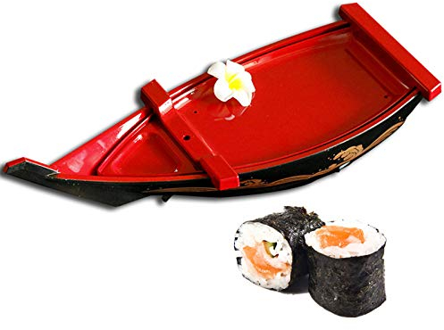 KELUNIS Piatto A Forma di Barca di Sushi Vassoio da Portata per Sushi Sashimi, Materiale ABS, 21 X 7,87 Pollici, Rosso Nero