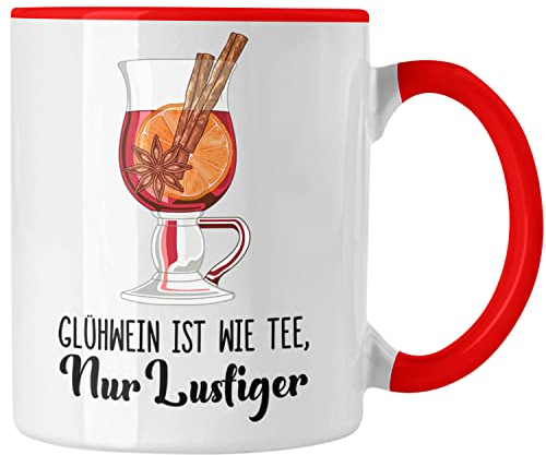 Trendation - Glühwein Tasse Lustig Spruch Glühweinbecher mit Henkel Doppelwandig Glühweintassen Gläser Weihnachtsmarkt Becher Tassen Geschenk - Wie Tee Nur Lustiger (Rot)