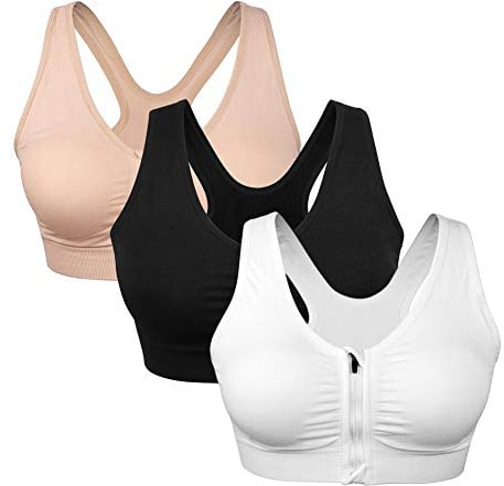 Srizgo Sport BH mit Vorderverschluss Nach der Operation tragbarer Postoperativer BH Starker Halt Sport Bra Gepolstert Ohne Bügel für Sport Fitness Yoga(Schwarz+Weiß+Haut,XXL)