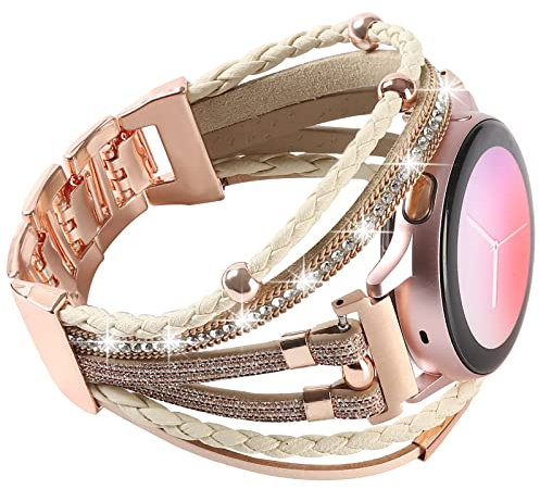 Posh – Bracelet en cuir pour Samsung Galaxy Watch 5/Watch 6/Galaxy Watch 4 40 mm 44 mm/Galaxy Watch 5 Pro/Watch 4/Watch 6 classique, bracelet bohème de 20 mm, fait à la main pour femme (rose pailleté)