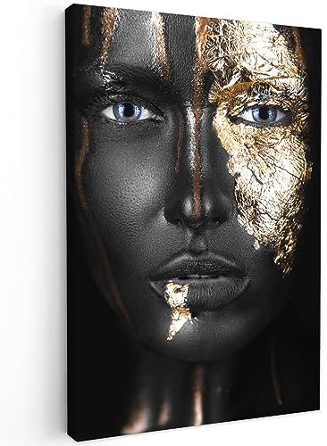 MuchoWow Leinwand Bilder, Einzigartige Wanddeko mit Rahmen, Frau - Blattgold - Schwarz - Gold - Luxus, Wandbilder Wohnzimmer, Deko Schlafzimmer 60x90 cm