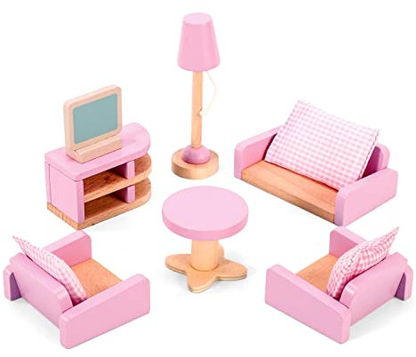 SOKA Wooden Pink Living Room Playset Pretend Play Doll House Furniture Set Realistic Miniature Display Model Figures Sofa TV Couch Television for Children Kids Girls Ages 3 year old +
