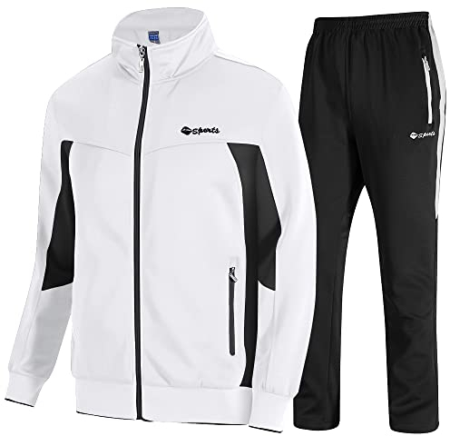 donhobo Herren Jogging Anzug Trainingsanzug Sporthose 2-Teiliges Outfit Sport Set Langarm Jogginganzug Fitness Gym Training Sportanzug (02weiß scharz, 2XL)