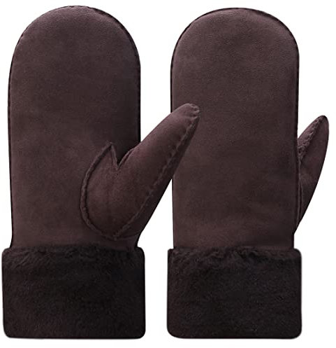 Harssidanzar Damen Fäustlinge Winter,Schaffell Lammfell beheizte warme pelzige Stulpenhandschuhe Lederhandschuhe KL024EU,Braun, Größe L
