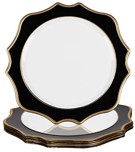 MAONAME 13 Black Scallop Plate Chargers Set of 6, Gold Rimmed, Round Plastic Chargers for Dinner Table Setting, Wedding Decor