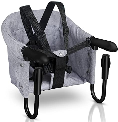 Gimisgu Tischsitz Faltbar Babysitz,Baby Hochstuhl Sitzerhöhung für zu Hause und Unterwegs,Belastbar bis 18 kg,Baby Tischsitz Stuhlsitz mit Transporttasche (Grau)