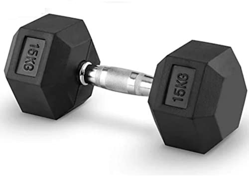 Professionelle Hantel, 15 kg, sechseckige Langhantel, gummiert, mit geformtem Griff, Gewicht für Fitnessstudio Home Gym