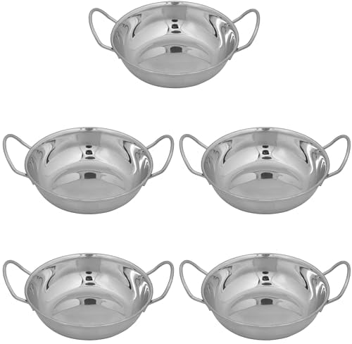Jazooli Bowl Set - Dinner Set of 5 Stainless Steel Metal Curry Bowls, Balti Dish, Indian Food Serving Dishes with Handles, Kitchen Set Hot or Cold Food, 18cm Diameter Dishes Set