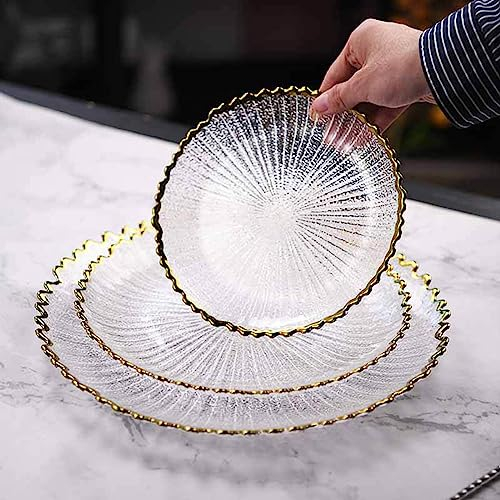 JTBDWOSK 2 Stück Glas Ladeschalen Große Servierteller mit Goldrand, 32/26/20cm Außendurchmesser Essteller für Hochzeiten Empfänge Partys Bankette,Clear