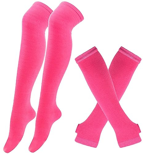 URFEDA Fingerlose Armstulpen Kniestrümpfe Bunte Streifen Handschuhe, Regenbogen-Streifen Arm-Wärmer Bein-Strumpf Bunte Oberschenkel Hohe Socken Damen Halbfinger Handschuhe Streifen Handschuhe