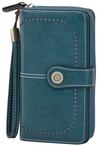 Portafoglio Donna in Pelle, Grande Capacità Portafogli da Donna, Portafoglio in pelle PU Lunga, Portafogli Grandi RFID con Portamonete, Portamonete Chiusura con cerniera (Blu pavone) (Blu pavone)