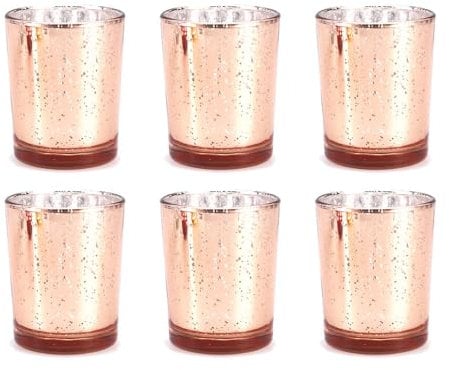 Hiseng Glass Candle Holders Set of 6 Tea Light Candle Holder, Small Starry Sky Glass Votive Candle Holders for Table Centrepiece, Weddings, Party, Valentine's Day, Home Decor (Rose Gold)